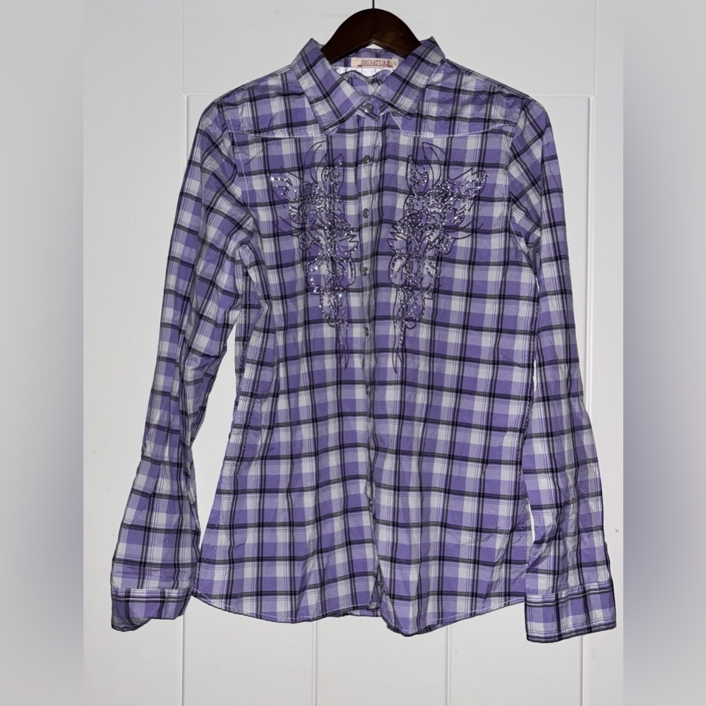 ROAR Signature‎ Cowgirl Western Plaid Shirt XL Purple Rhinestone Embroidered